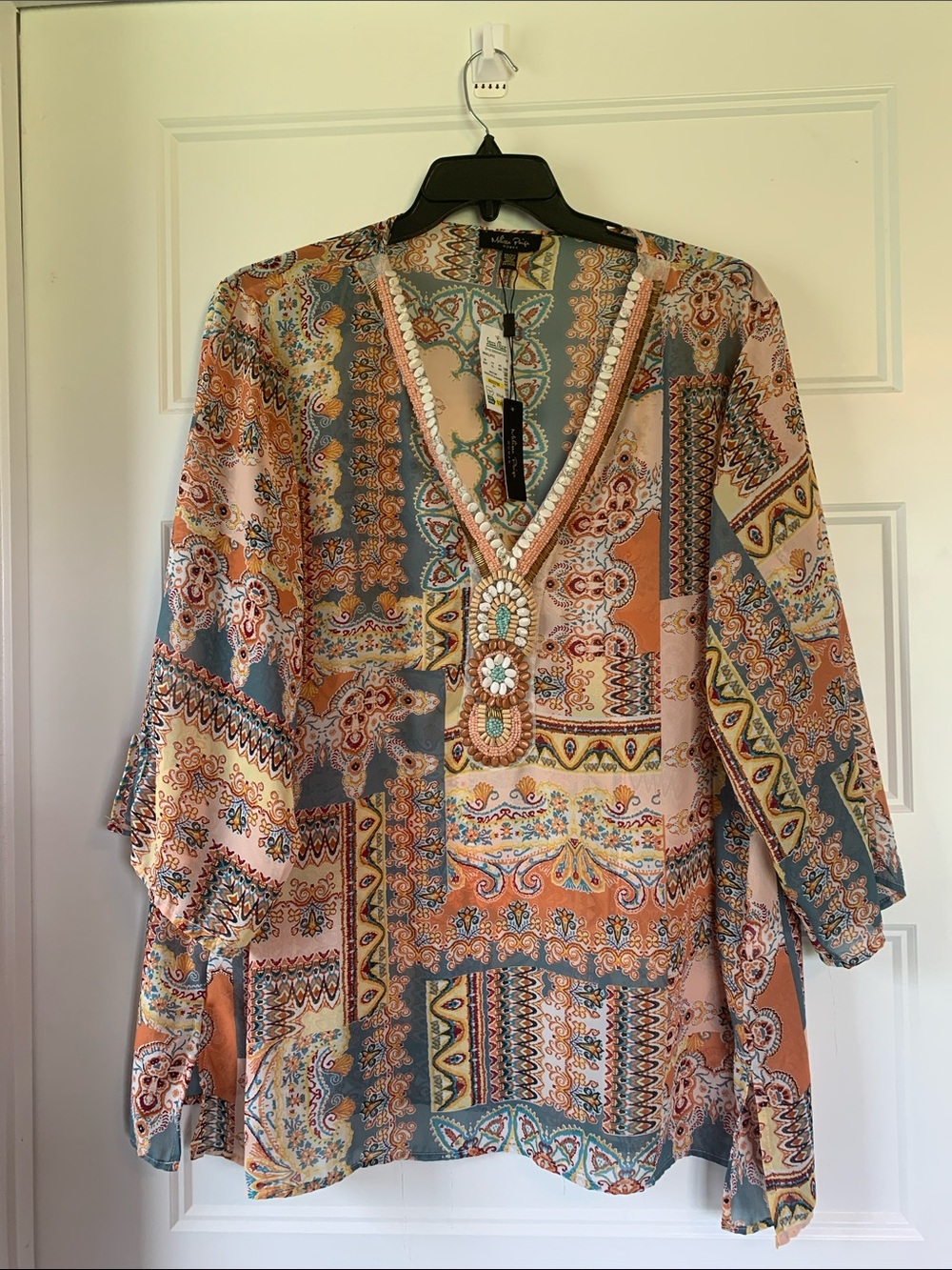 Melissa Paige Embellished Paisley V-Neck Tunic / coverup - Peach & Teal size 3X